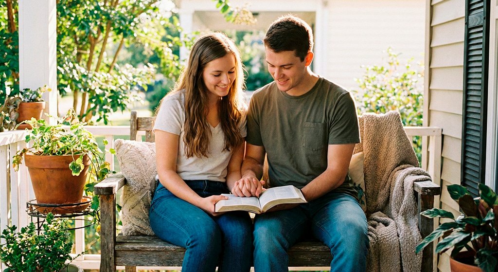 Casal lendo a lista de 41 vers&iacute;culos de casamento na B&iacute;blia